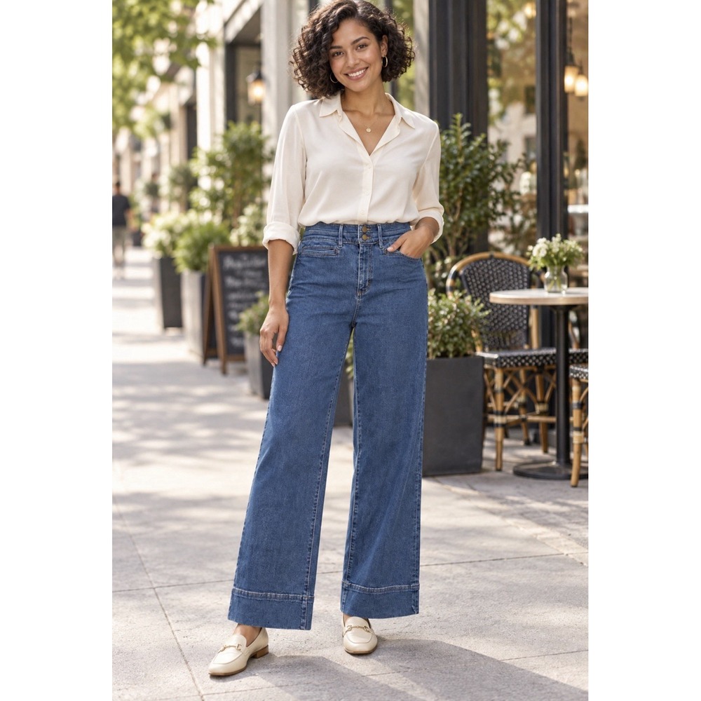Ann Taylor Women's Wide-Leg Jeans Blue Medium Wash High Rise Pockets Size 6